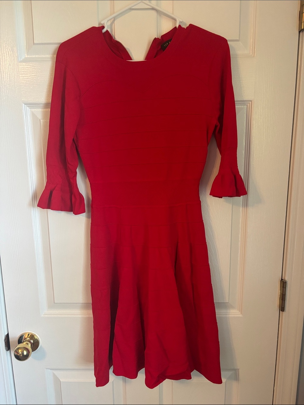 Ted Baker London Red Fit & Flare Midi Dress with Ruffle Sleeves